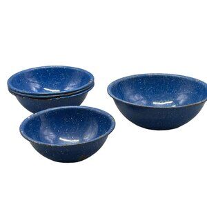 vintage metal bowls blue and white camping outdoors picnic 5 bowls READ